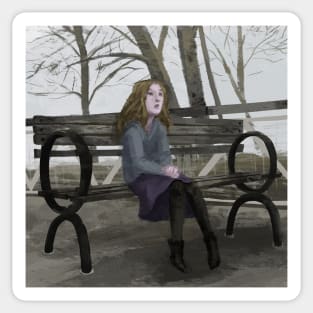 Young Woman on a Bench on a Cloudy Day Sticker